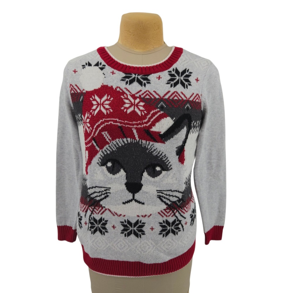 Ugly Christmas Sweater Cat Santa Hat Grey Red Pullover Medium Kitty Face Festive